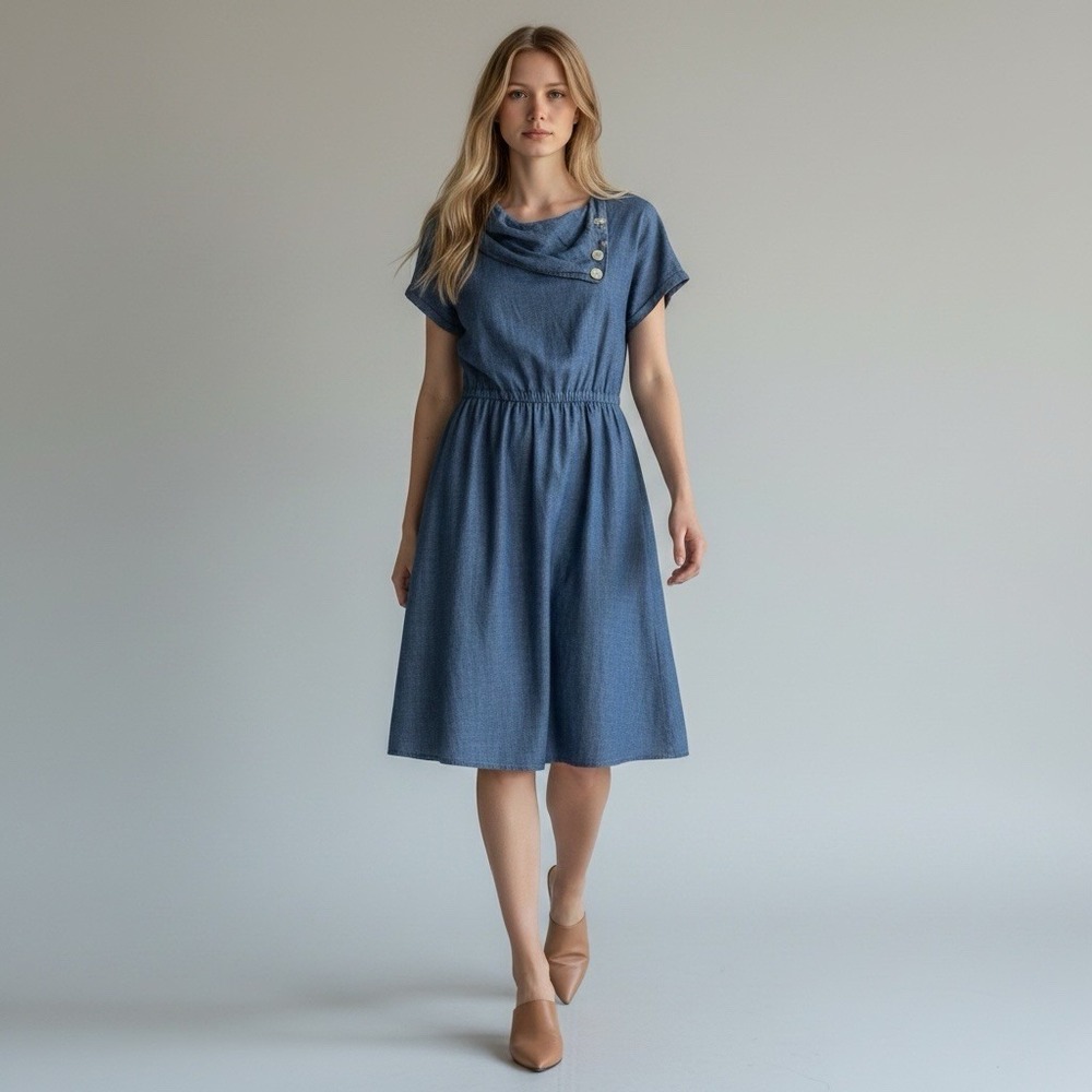 eShakti Chambray Midi Dress Blue Asymmetric Cowl Neck Button Detail Fit Flare 1X